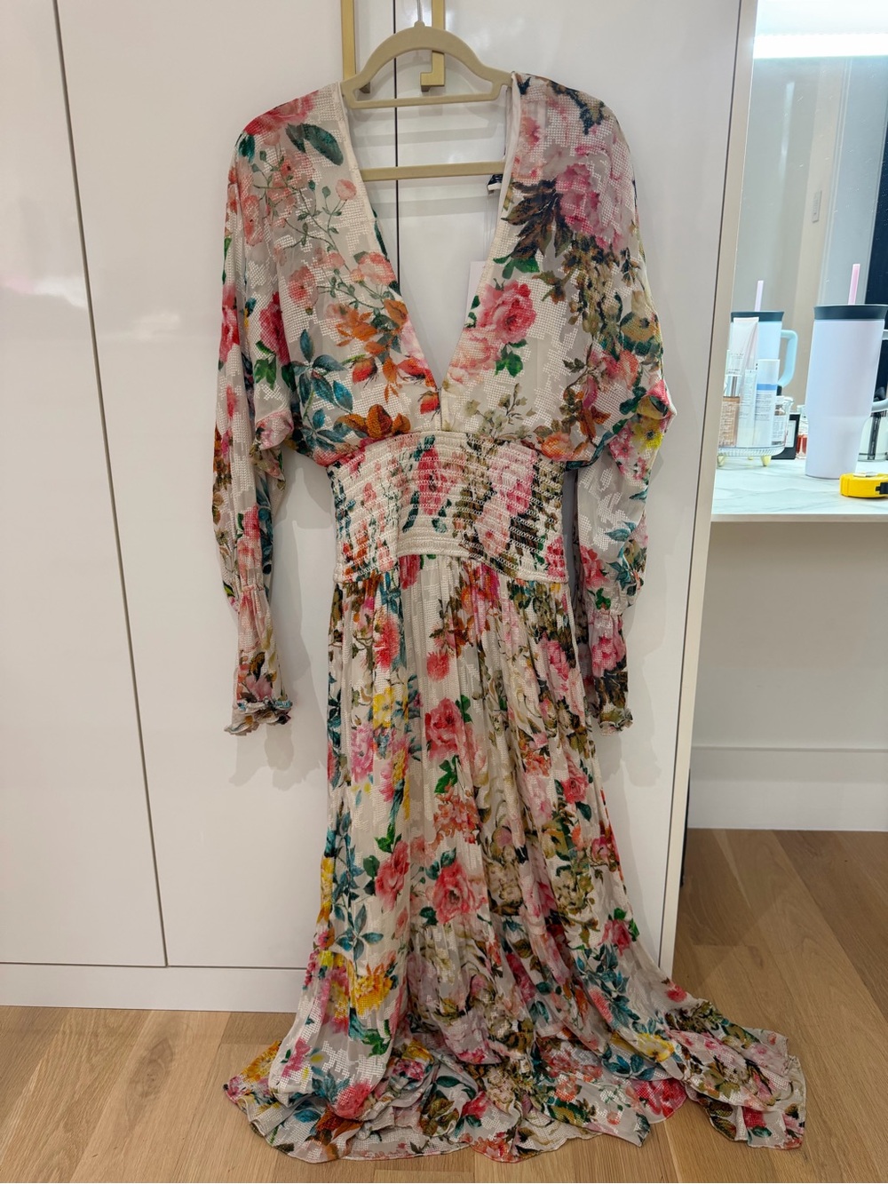 Hemant & Nandita Floral V-Neck Long Sleeve Maxi Dress - Pink Multicolor
